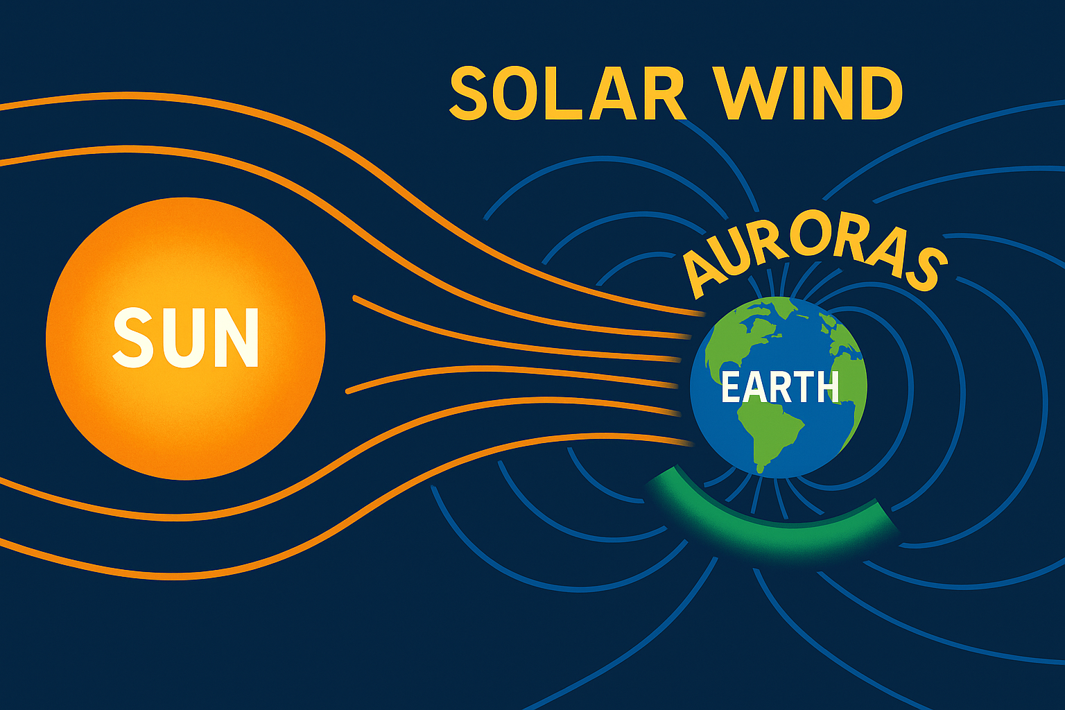 Diagram showing solar wind from the Sun interacting with Earth's magnetosphere and auroras